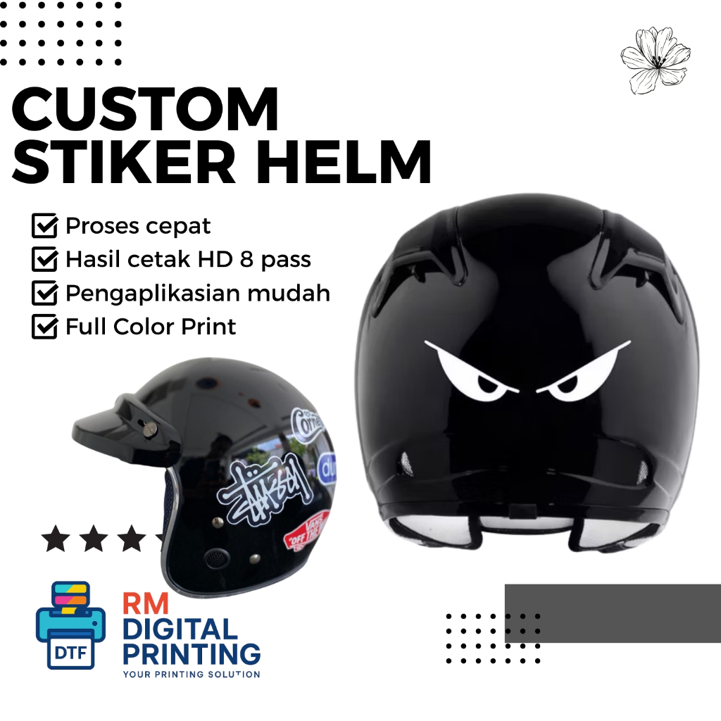Stiker Helm UV DTF Custom Nama & Logo - Decal Kering Helm Motor Tahan Panas & Hujan - Satuan & Grosi