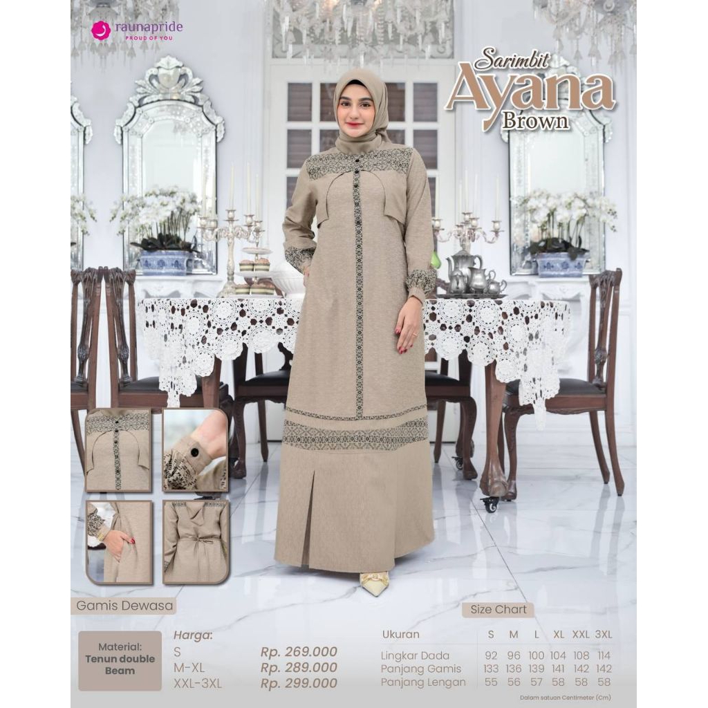 SARIMBIT AYANA BROWN BY RAUNA GAMIS DEWASA, GAMIS DEWASA SARIMBIT AYANA RAUNA, GAMIS RAUNA WARNA COK