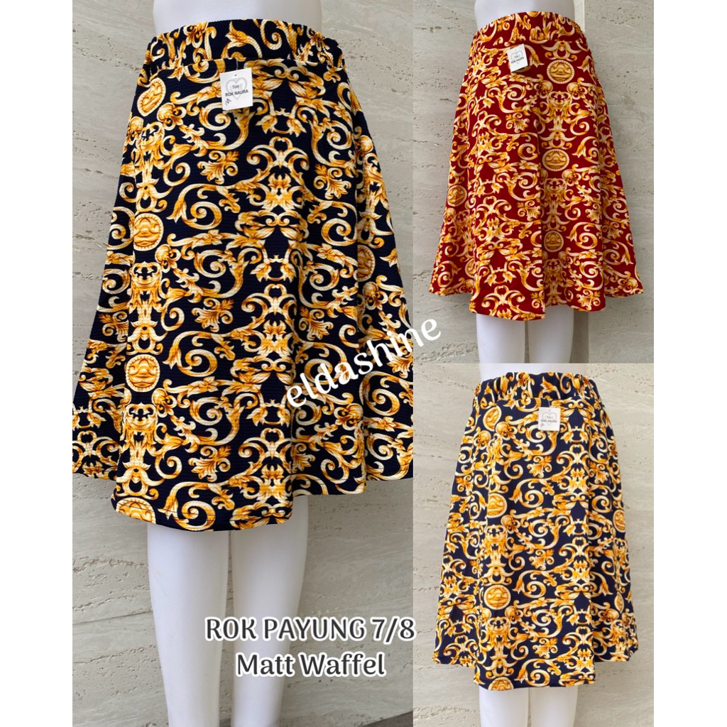Rok payung pendek 7/8 wanita motif batik bahan waffel