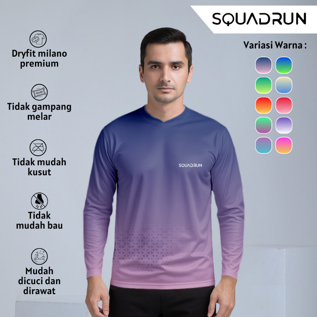 Squadrun - Baju Running Kaos Olahraga Pria Lengan Panjang Atasan Dry Fit Gradient Motion Full Printi
