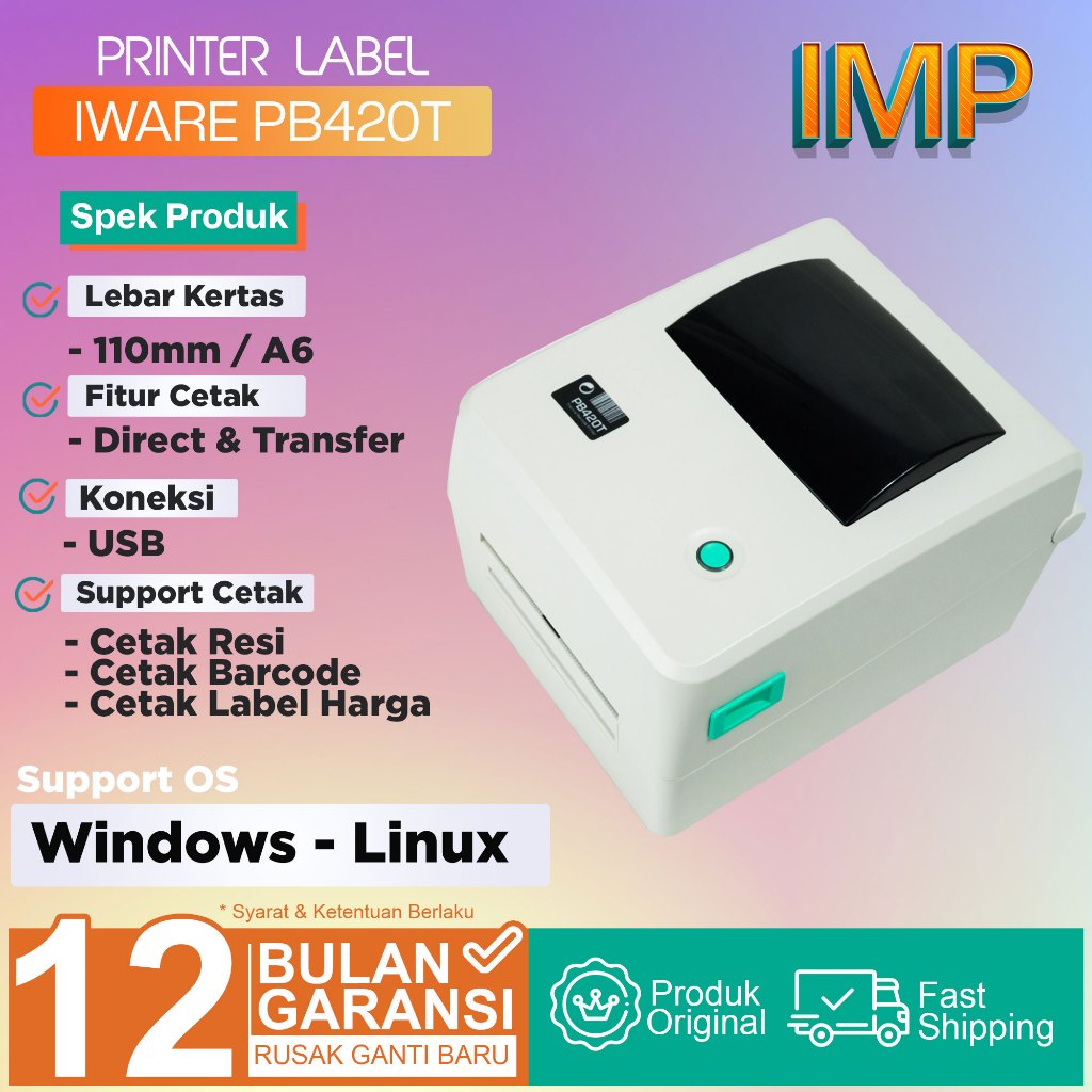 Printer Label Thermal Barcode A6 110mm Usb Iware PB420T