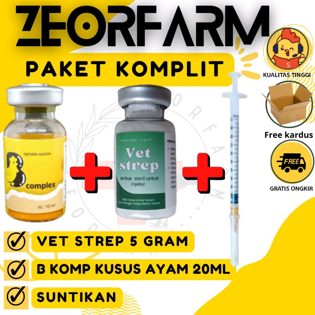 paket hemat obat ayam sakit Vet strep 5gram + b kompleks 20ml bns suntik obat vitamin ayam burung me