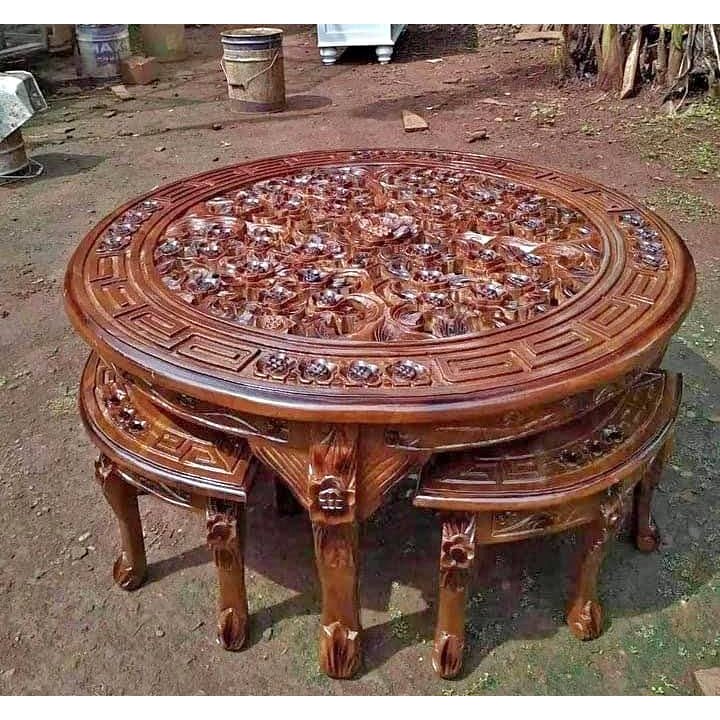 Meja Oshin Bulat + Kaca Kayu Jati Furniture Jepara