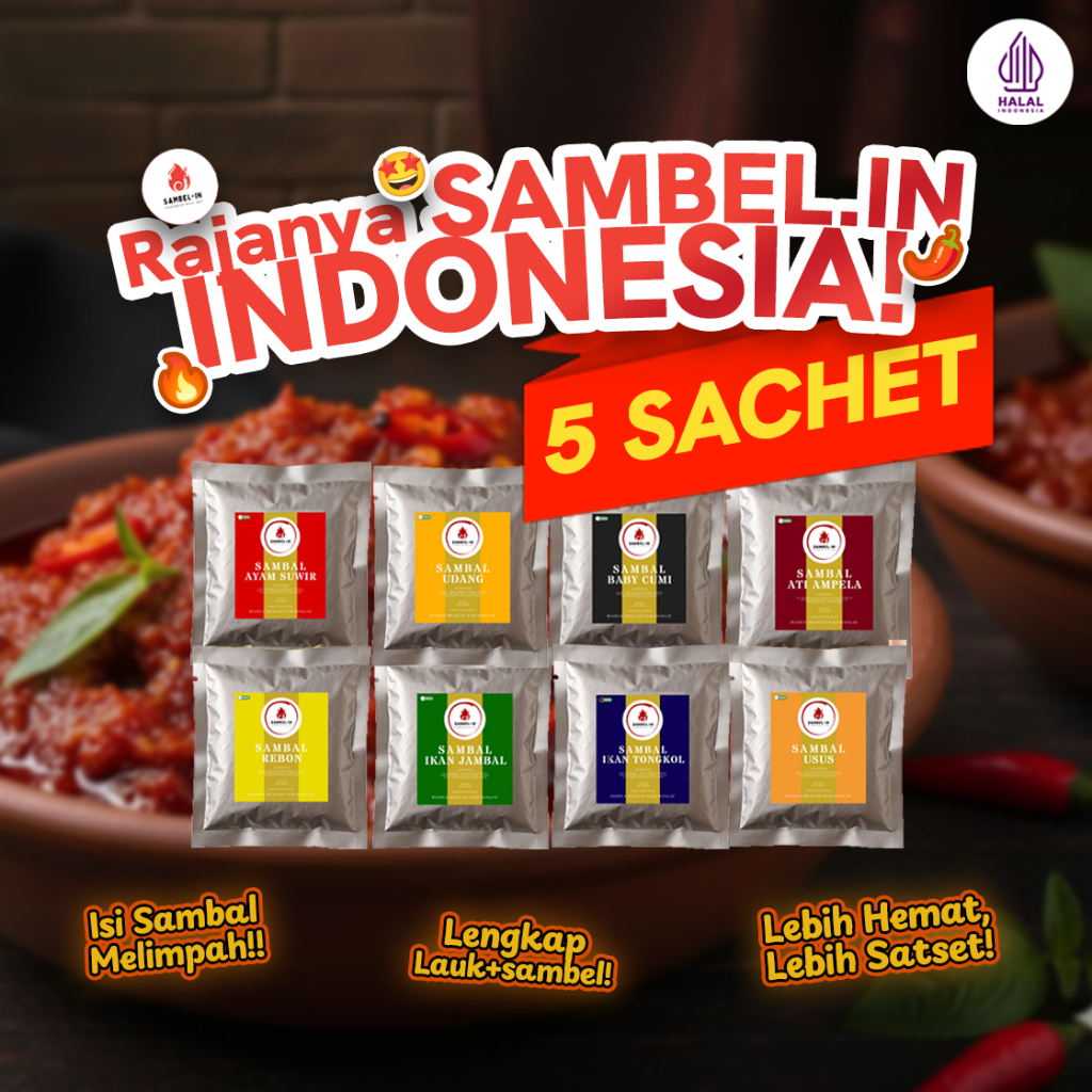 

Sambelin.id Paket Bundling 5 Sachet Sambal Sachet All Variant Baby Cumi/Usus/Ati Ampela/Ikan Jambal/Ikan Tongkol/Udang/Ayam Suir/Udang Rebon Siap Saji 20 gr