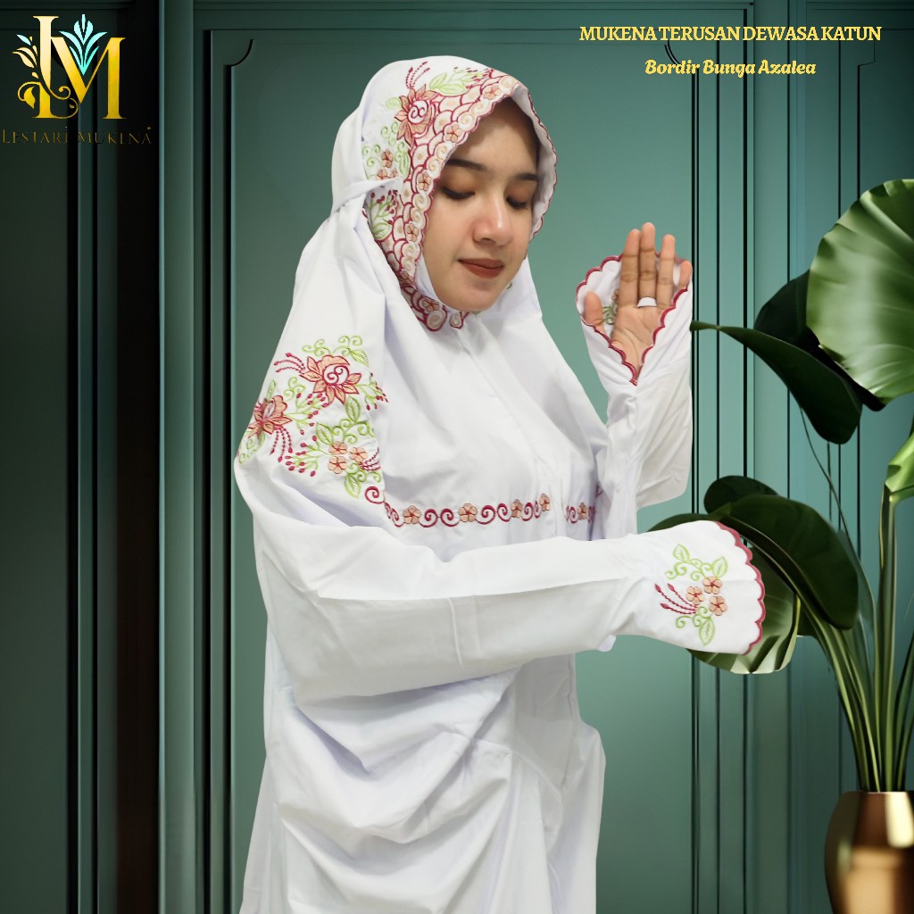 Mukena Terusan Dewasa Katun Polino Motif Bordir Bunga Azalea Indah