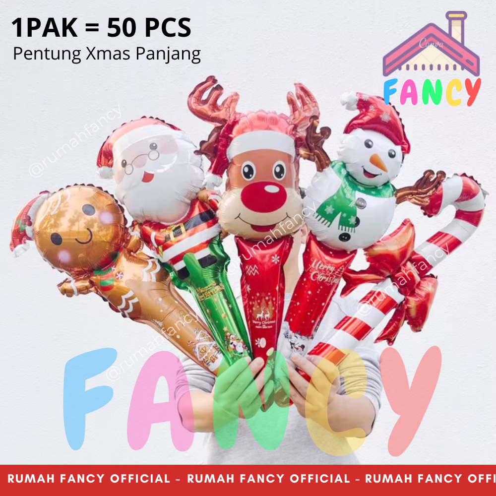 [GROSIR] 1 PAK / 50 PCS BALON FOIL PENTUNG PANJANG 60 CM XMAS Natal / Balon Tongkat Natal Santa Rusa