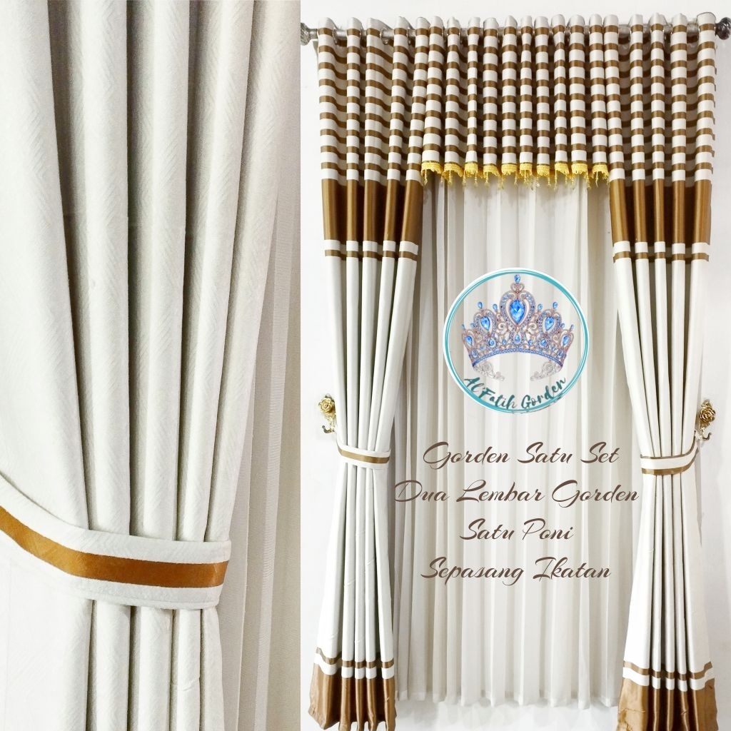 Gorden Blackout Satu Set Poni Atas Pintu Motif Salur Horizontal Coklat