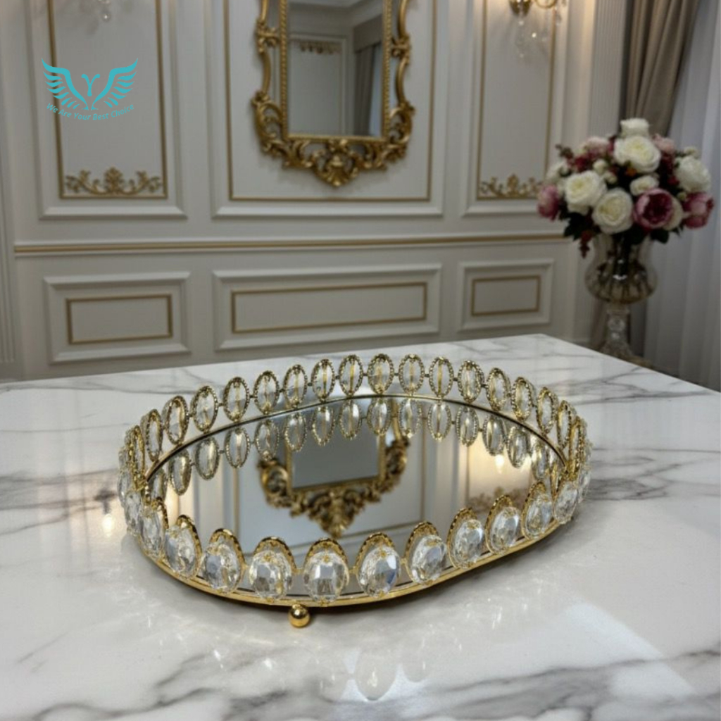 Nampan seserahan pernikahan kaca elegant/Nampan Dekorasi Kristal Gold/Nampan Hiasan gold/Nampan Oval