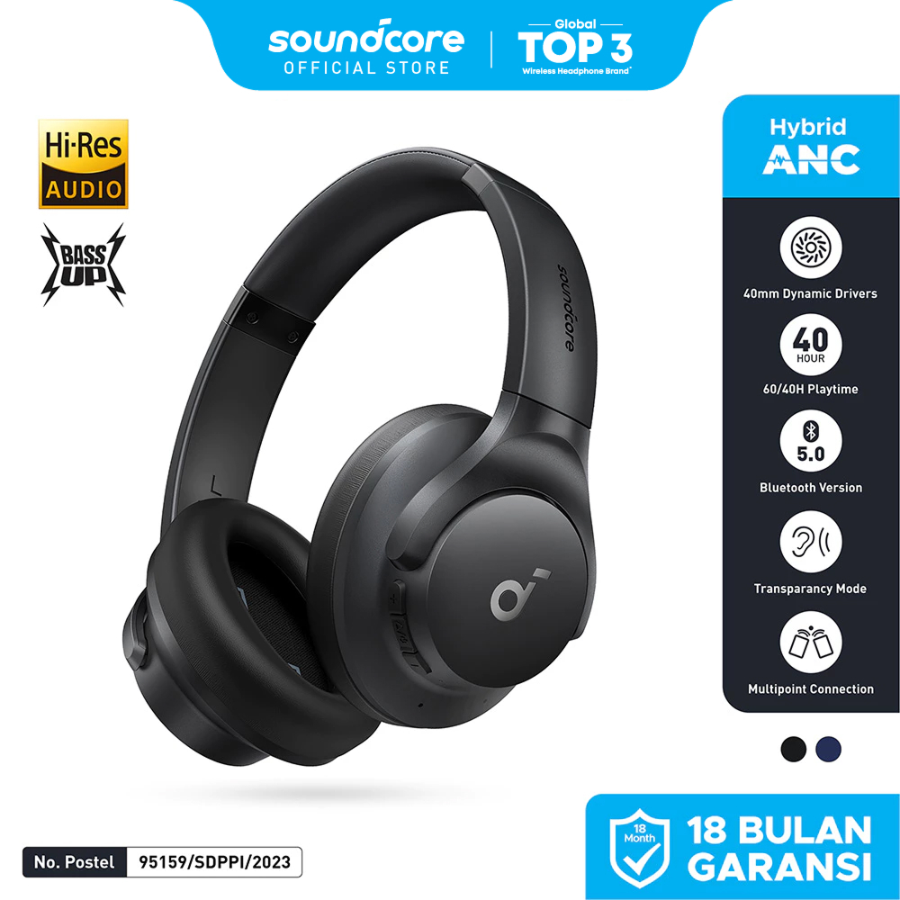 Soundcore by Anker Q20i Bluetooth Headphones with Mic Hi-Res Hybrid ANC Headset with Noise Cancellin