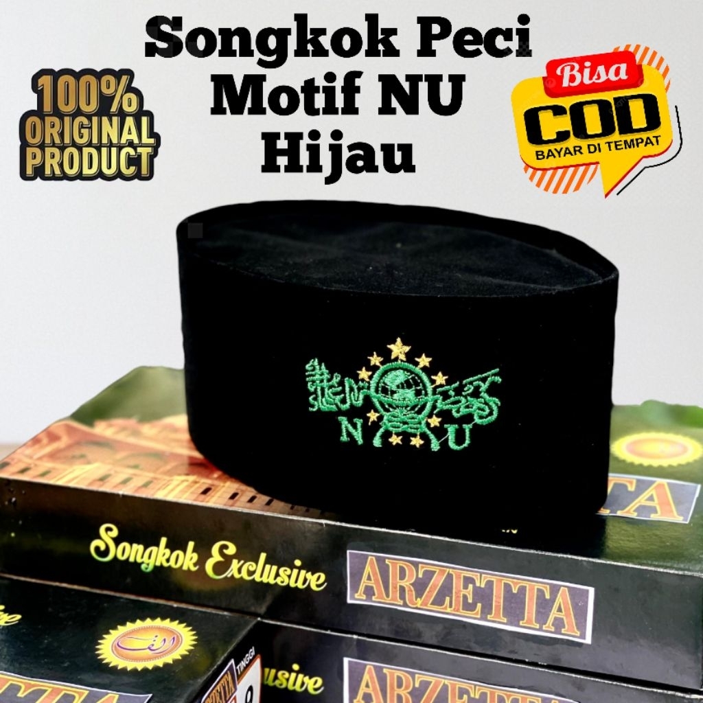 Peci Songkok Hitam Motif NU Birdir Warna Kuning Hijau Tinggi 9 Anak Dan Dewasa Bahan BLUSDRU