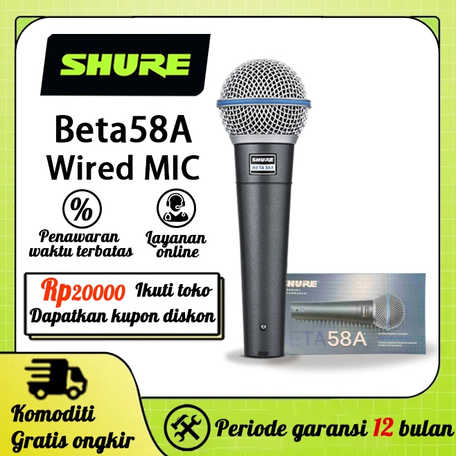 Shure Beta58A Wired Mic Mikrofon dinamis kabel profesional untuk pertunjukan panggung, karaoke, dan 