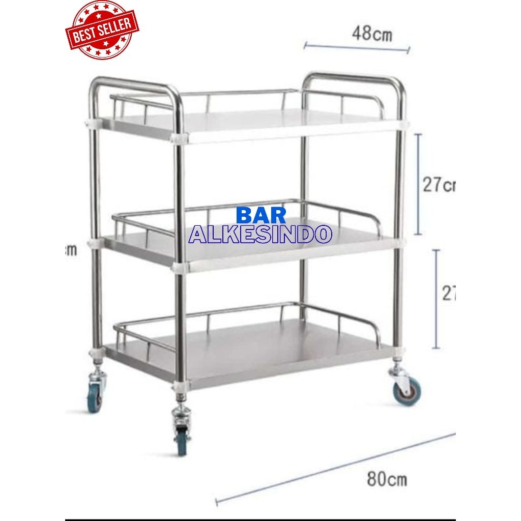 TROLI DAPUR 3 RAK STAINLESS | TROLI MAKAN MBG 3 RAK STAINLESS STEEL | MEJA TROLI MAKAN 3 SUSUN STAIN
