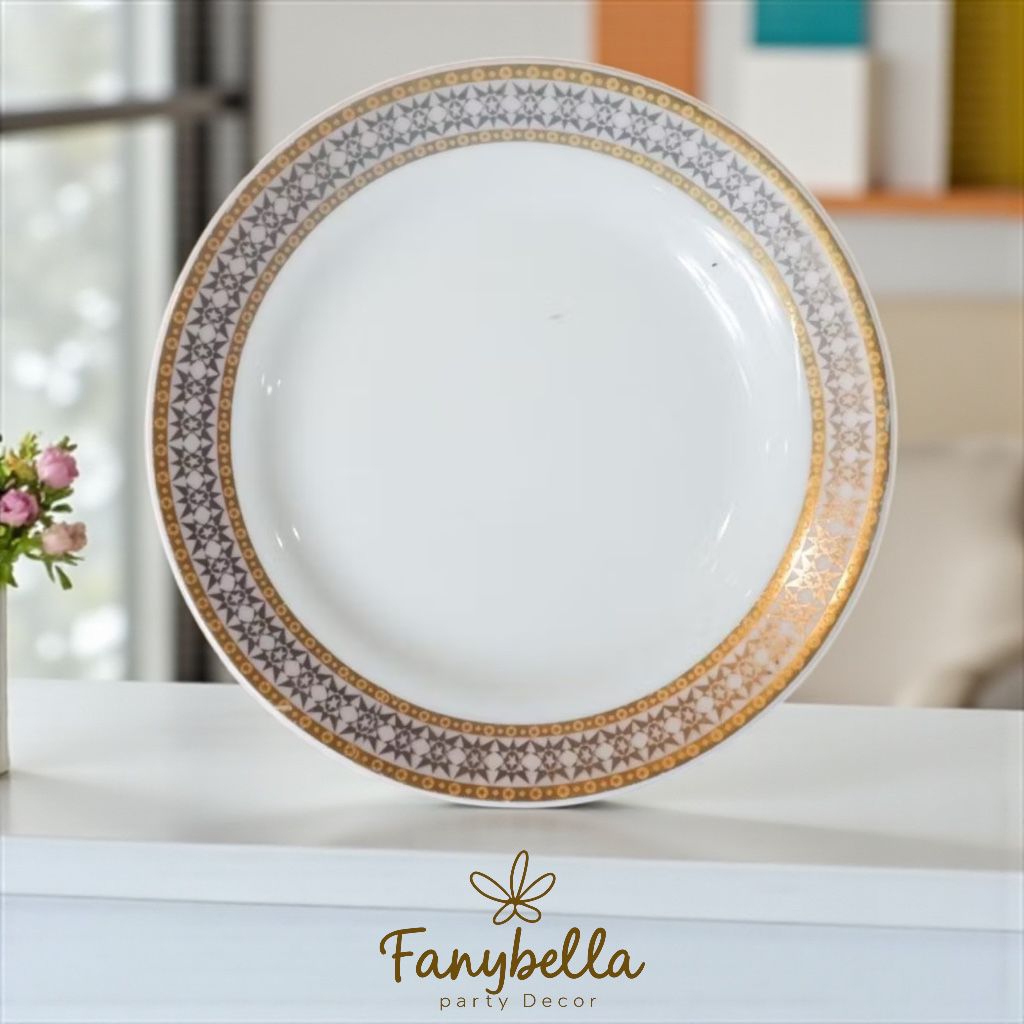 Piring Makan keramik Tatakan Kecil  motif Putih Bunga Gold Emas  Dekorasi Rumah Import Prasmanan ( B