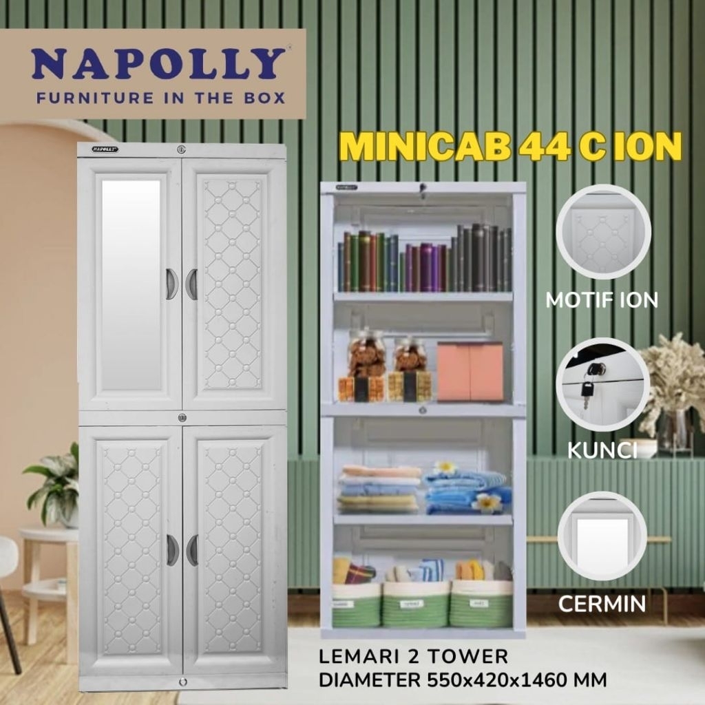 Napolly Lemari Pakaian Cermin || Kabinet Plastik 2 Pintu 4 Susun || Kabinet SerbaGuna - Medan