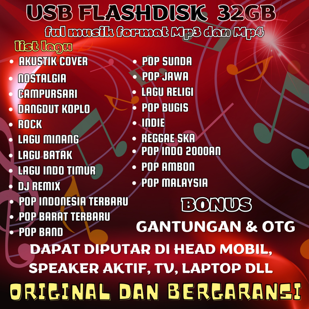 Flash disk Lagu MP3 Dan MP4 32GB Isi 2000+ Lagu Pop Dangdut Rock Religi Nostalgia Mobil TV