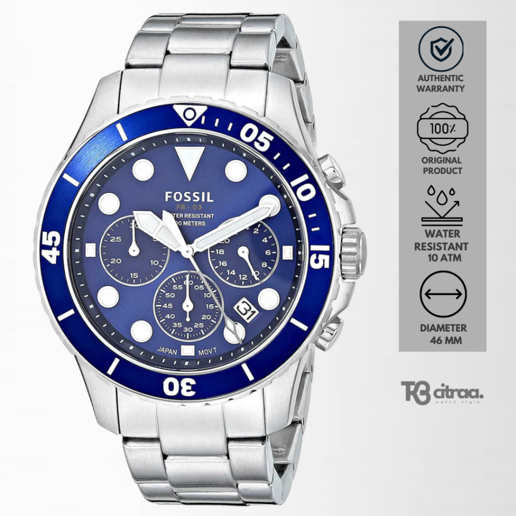 Jam Tangan Pria Fossil FB-03 FS5724 Chronograph Men Blue Dial Silver Stainless Steel Strap Mewah Spo