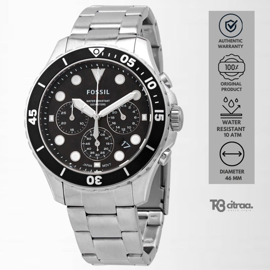 Jam Tangan Pria Fossil FB-03 FS5725 Chronograph Men Black Dial Silver Stainless Steel Strap Sporty M