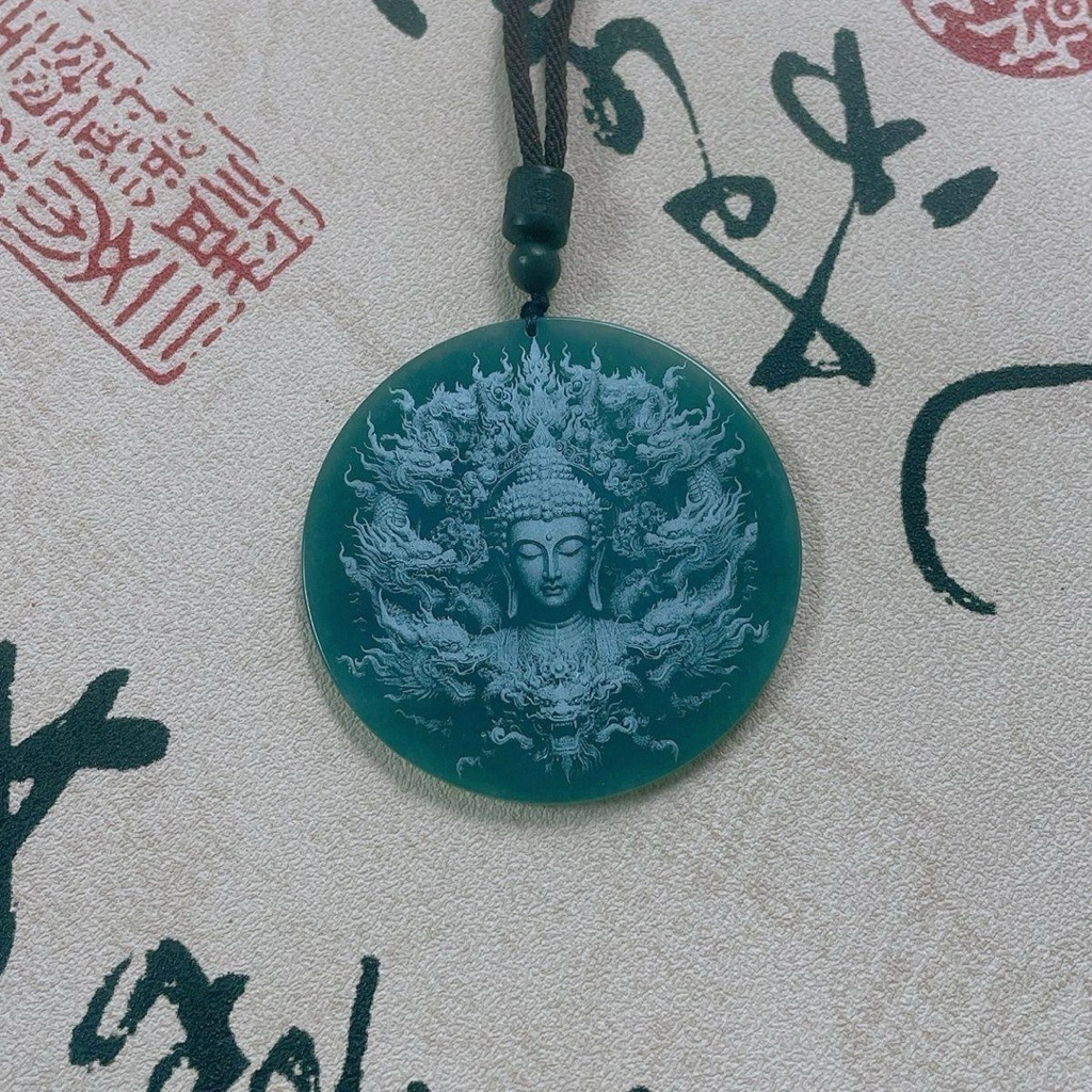 RKF19-05 Kalung Liontin Giok Bulat Buddha Sakyamuni 5cm