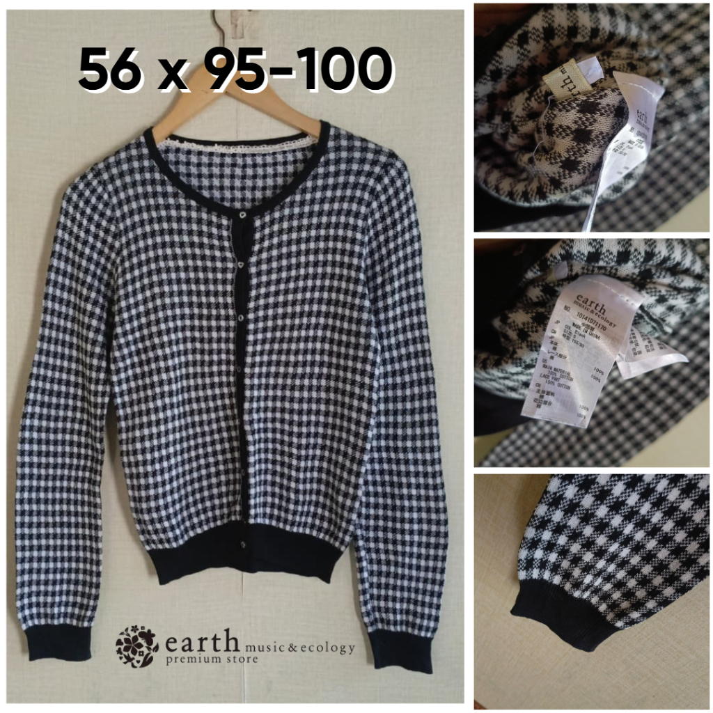 Cardigan Earth Music & Ecology Hitam Putih O Neck Size S Wanita Knit OB382
