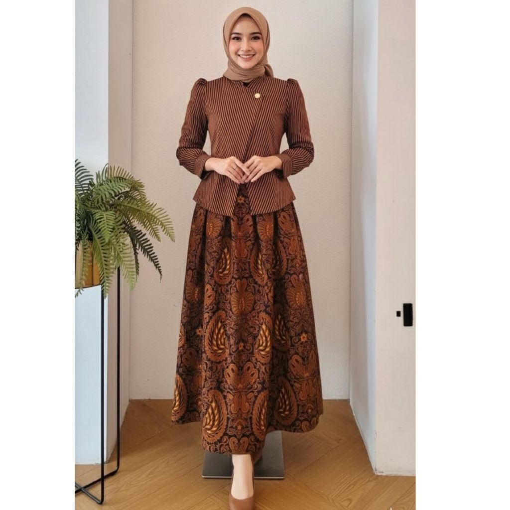 Stelan batik wanita katun sogan premium | atasan rok kerja wanita