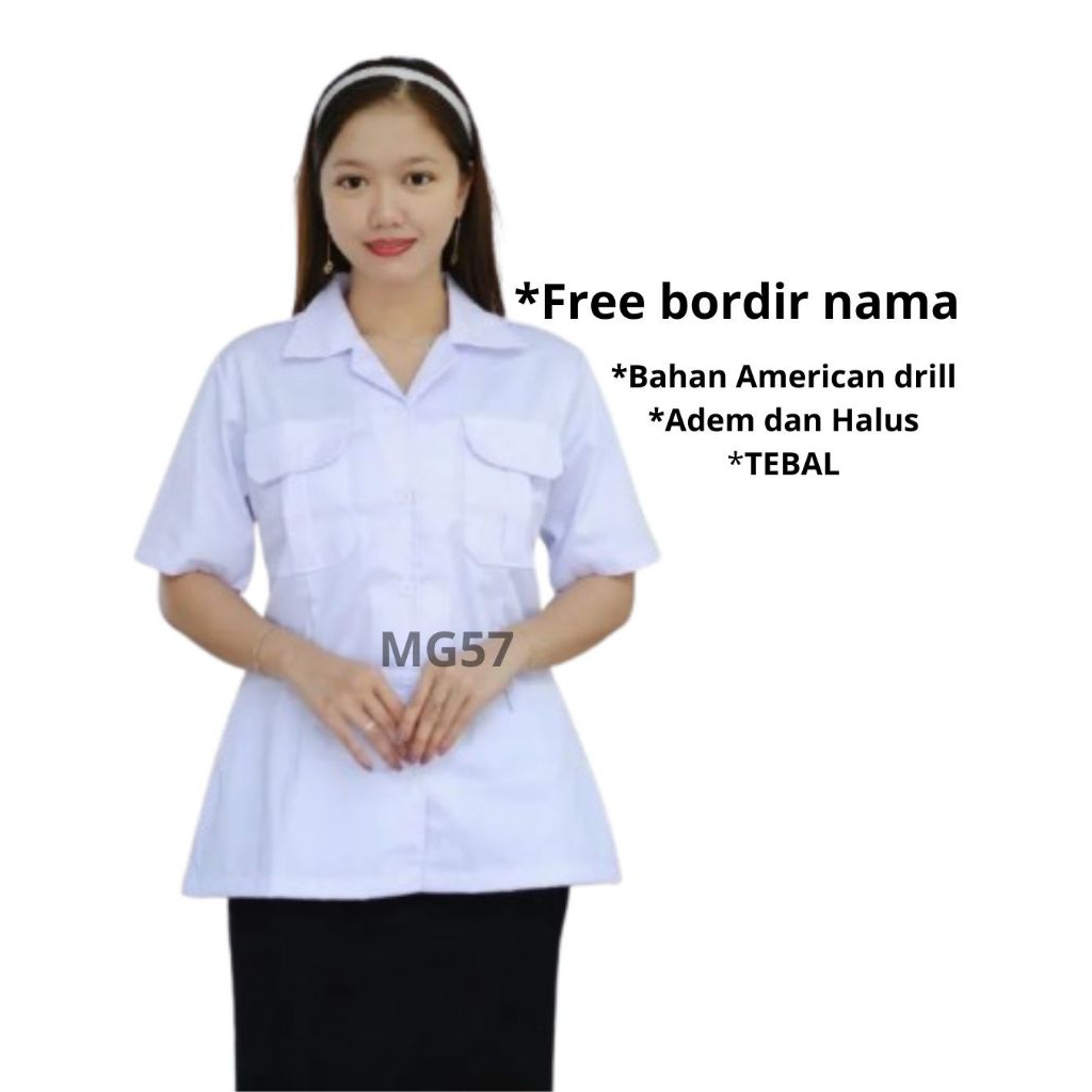 Baju pdh putih wanita seragam dinas guru perawat bidan slimfit kerah rebah lengan pendek