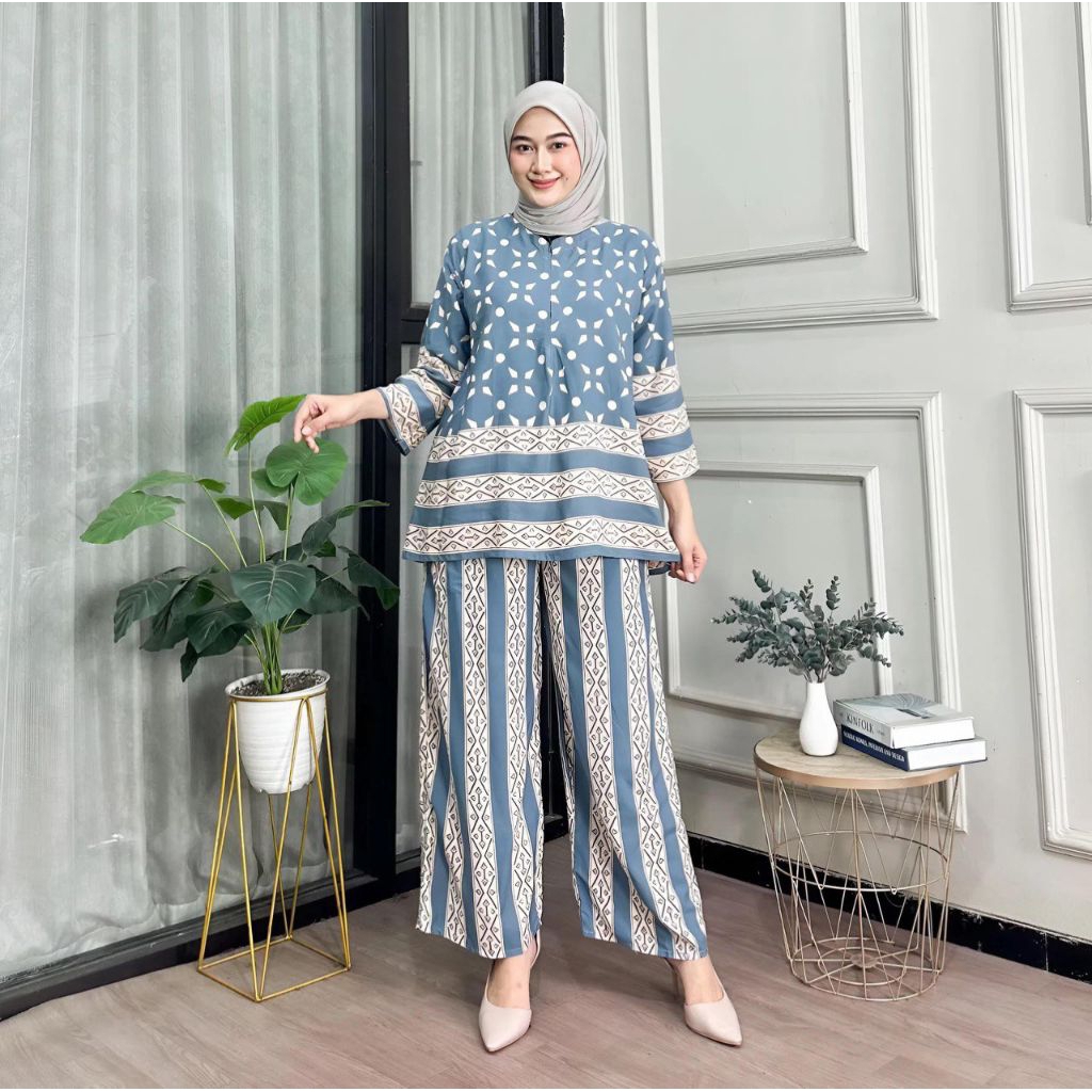 One Set Salurina Rayon Busui Setelan Wanita Jumbo Atasan Celana Panjang Batik Adem Tebal Nyaman LD 1