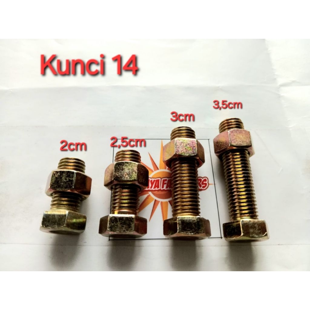 Baut Iso M10 Kunci 14 1,5  - 2 - 2,5 - 3 - 3,5cm / kuning / Bmk / Baut Mur Kuning