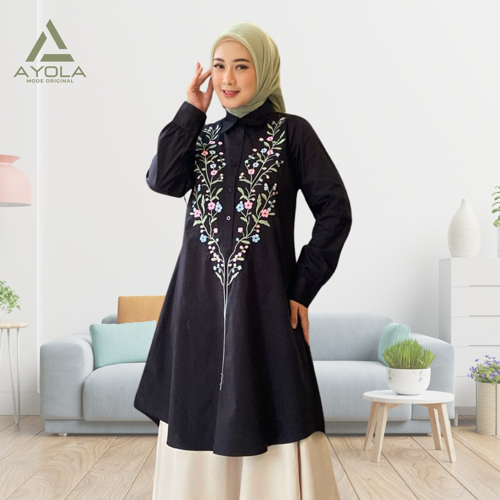 Ayola Mode Original • Kirana Tunik Wanita Bordir Bunga Kekinian Katun Jepang Premium Busui Frendly