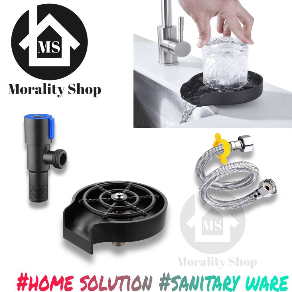 paket kran cuci gelas botol wastafel cuci piring + selang anyam + stop kran stainless hitam murah