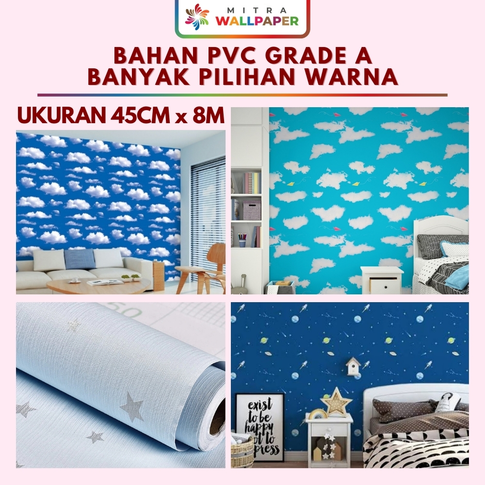 [COD 10M] Wallpaper Sticker Plafon Motif Awan Biru Langit Wallpaper Biru Bintang Pink 10 Meter