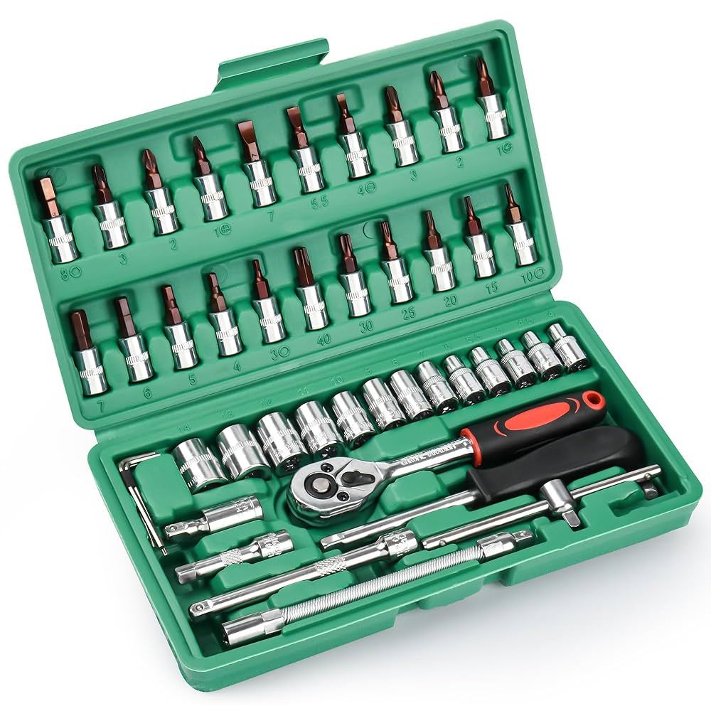 TEKIRO Kunci SOK 46 PCS in 1 Set Socket 1/4" inch Kunci Sock Full Lengkap Socket Tool kit WOIRX TOOL