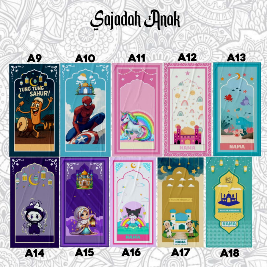 SAJADAH ANAK CUSTOME / GRATIS NAMA KARAKTER LAKI - LAKI DAN PEREMPUAN GROSIR FULL PRINTING