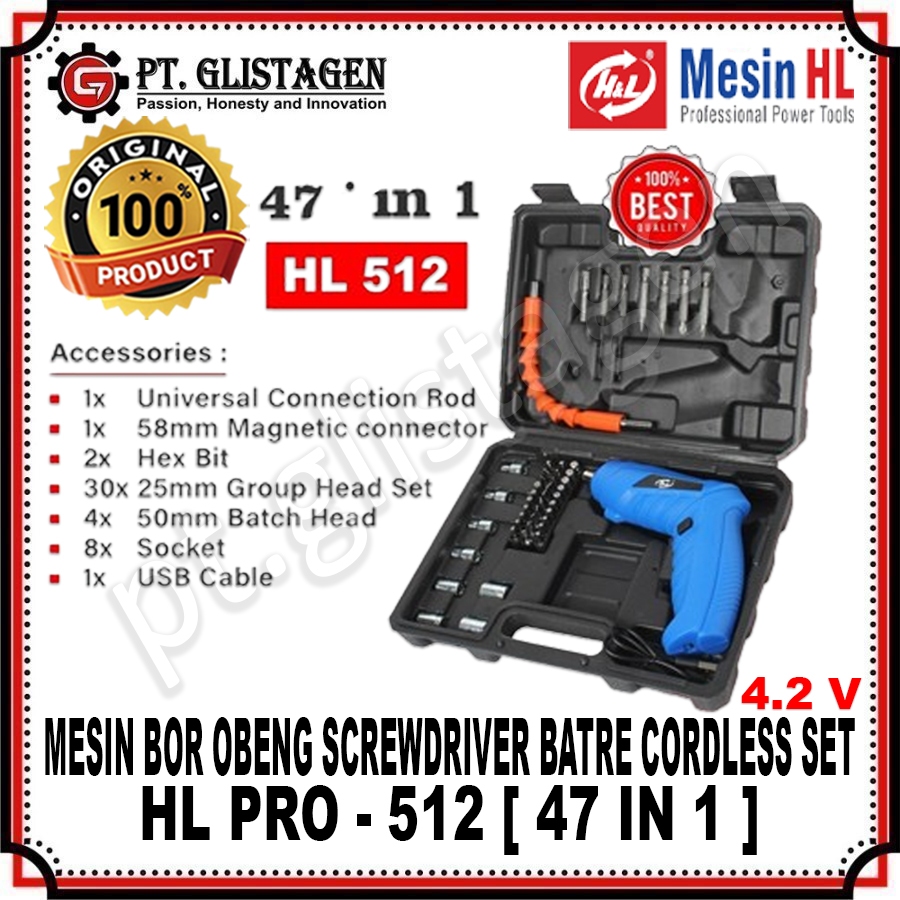 HL 512 Mesin Bor Obeng Baterai Screwdriver Cordless Mini 4.2 Volt 47 in 1 Mesin Bor Batre Screwdrive
