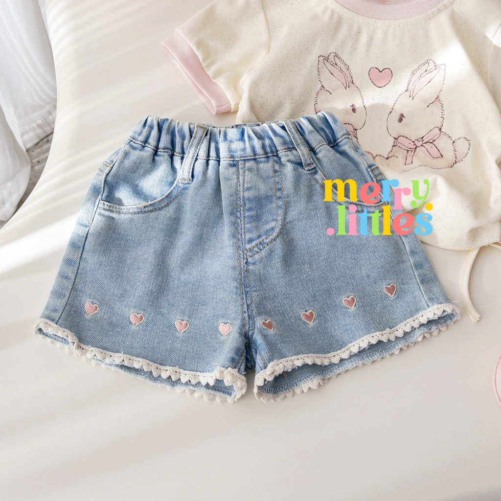 MERRY LITTLES - Girls Denim Shorts with Cute Heart Embroidery and Lace Trim - Celana Jeans Pendek An