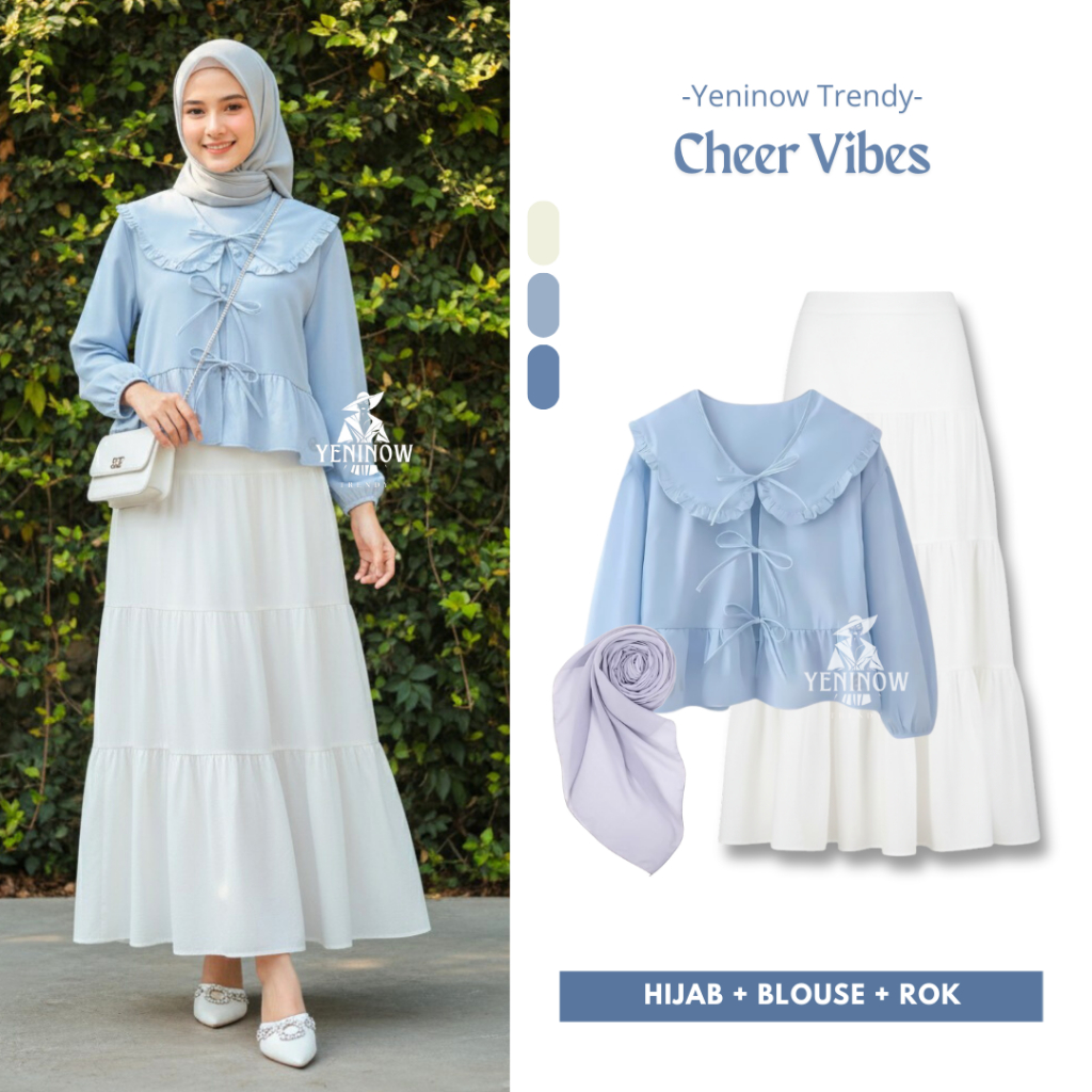 Cheer Vibes One Set Korean Syle Hijab (Blouse Kerah, Rok Susun, Jilbab Segiempat) Setelan Wanita Kek