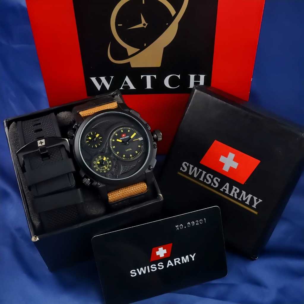 Jam Tangan Pria Swiss Army 3 Time Tanggal Aktif Fre Box + Tali Karet Va0051