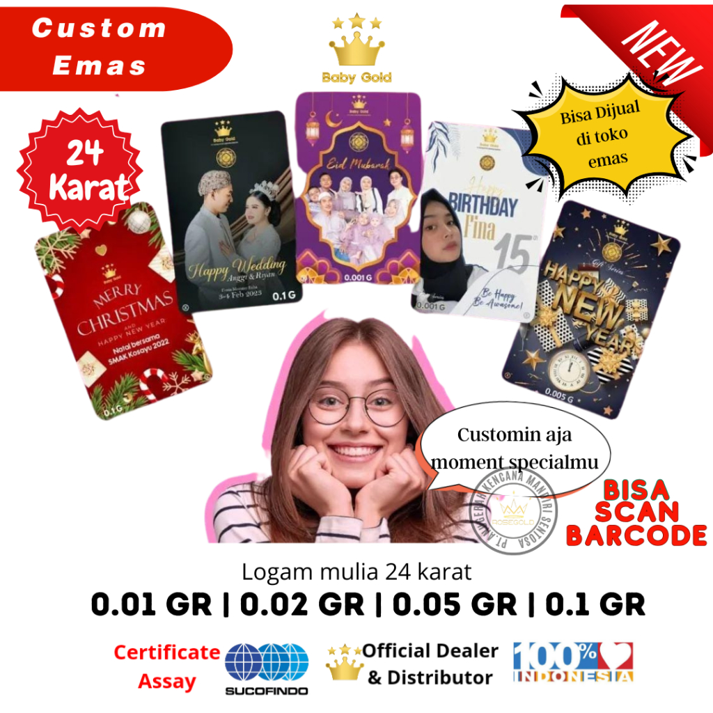 Custom Design Baby Gold Emas Mini 24K 0.01/0.02/0.05/0.1 GRAM Logam Mulia