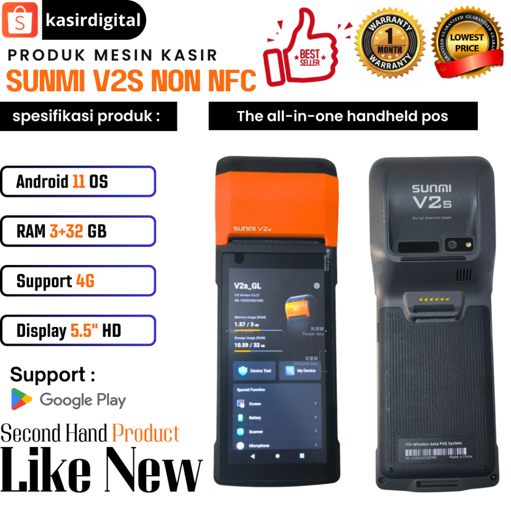 Mesin Kasir Android 11 Portable SUNMI V2S Standard Non NFC RAM 3+32GB Non NFC Second Bergaransi Supp