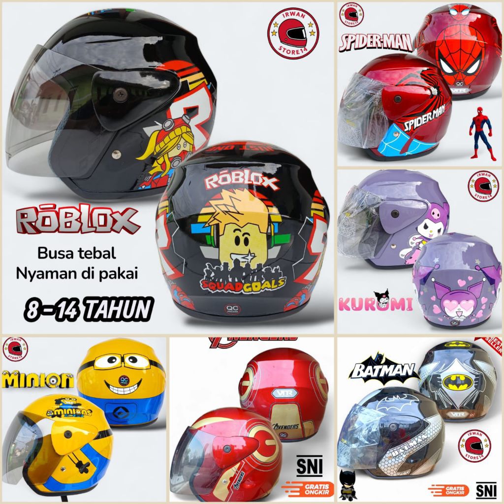 Helm anak remaja Laki laki Perempuan usia 7 - 14 tahun (SD - SMP) SNI PREMUIM -  helm karakter roblo