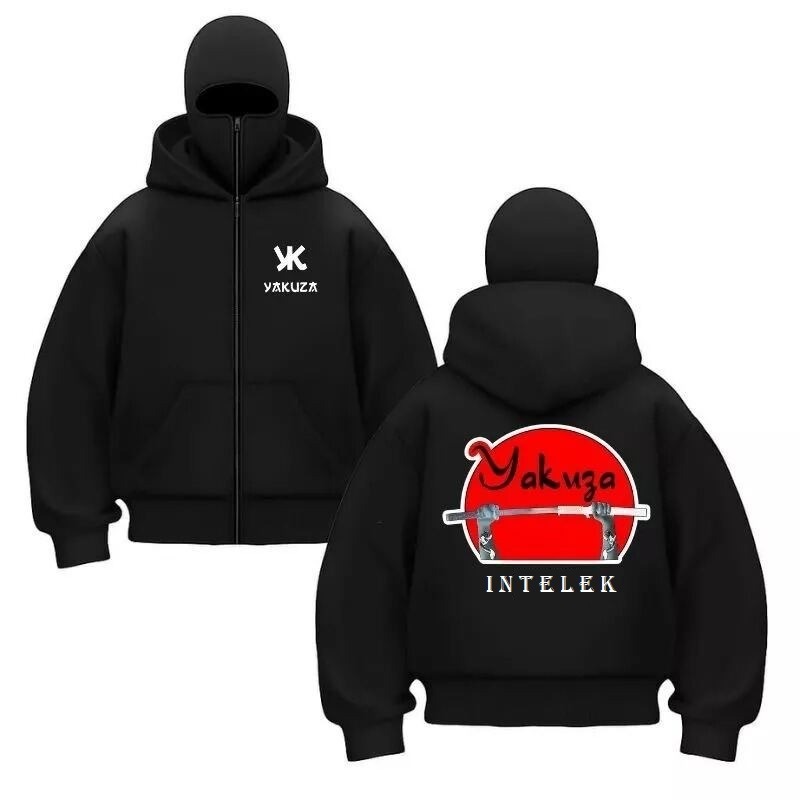 HOODIE BALACLAVA YAKUZA INTELEK UNISEX METAL ZIPPER JAKET BOXY HITAM UKURAN M-XL JAKET NINJA