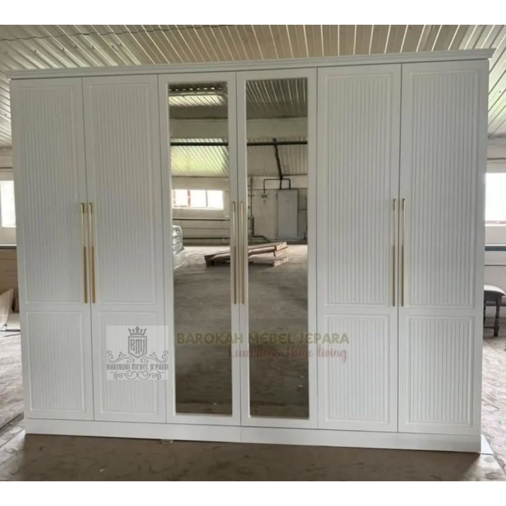 Lemari pakaian mewah pintu 6 jumbo material full kayu jati grade A finishing duco putih lemari mewah