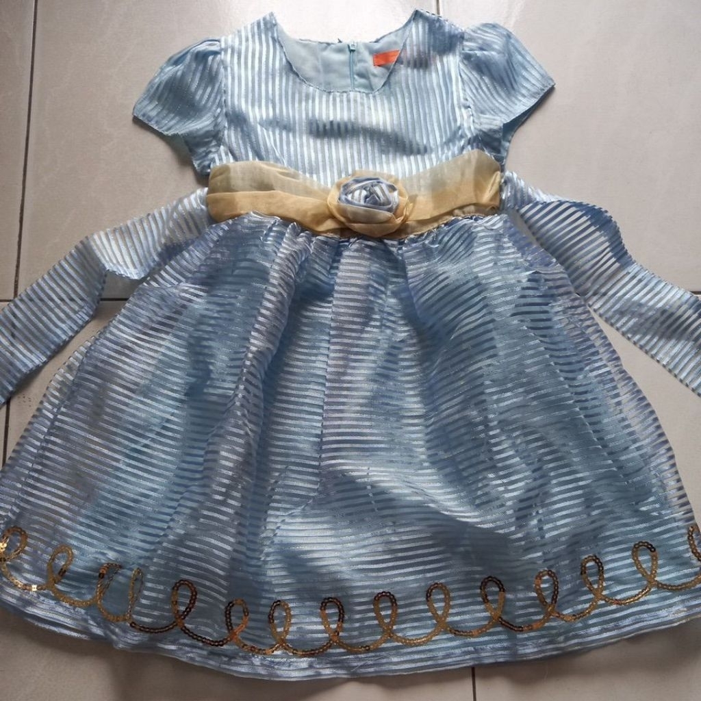 dress anak warna biru laut bahan organza blink bling