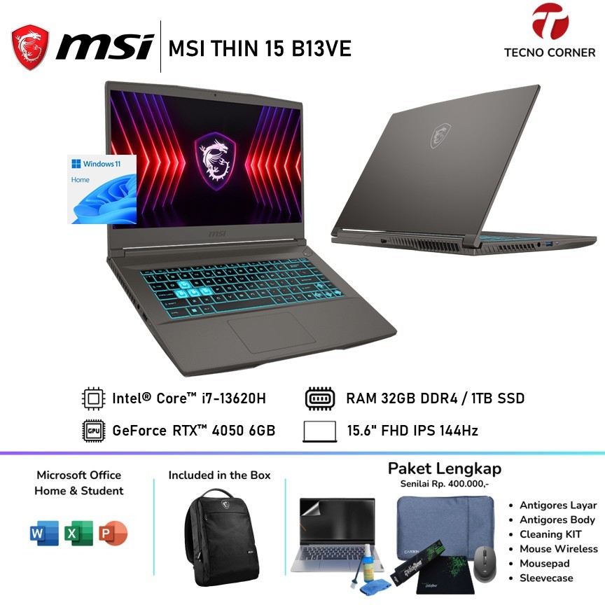 Laptop Gaming Msi Thin 15 RTX4050 6GB/ Intel Core I7 13620H  16GB/512GB W11 15.6FHD 144HZ