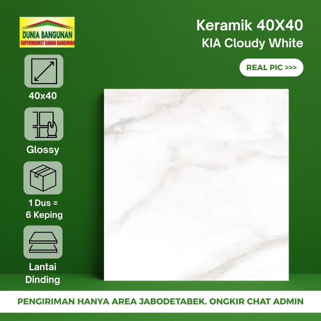 Keramik 40x40 Lantai KIA Cloudy White Keramik Glossy Putih Corak Abu Keramik Lantai