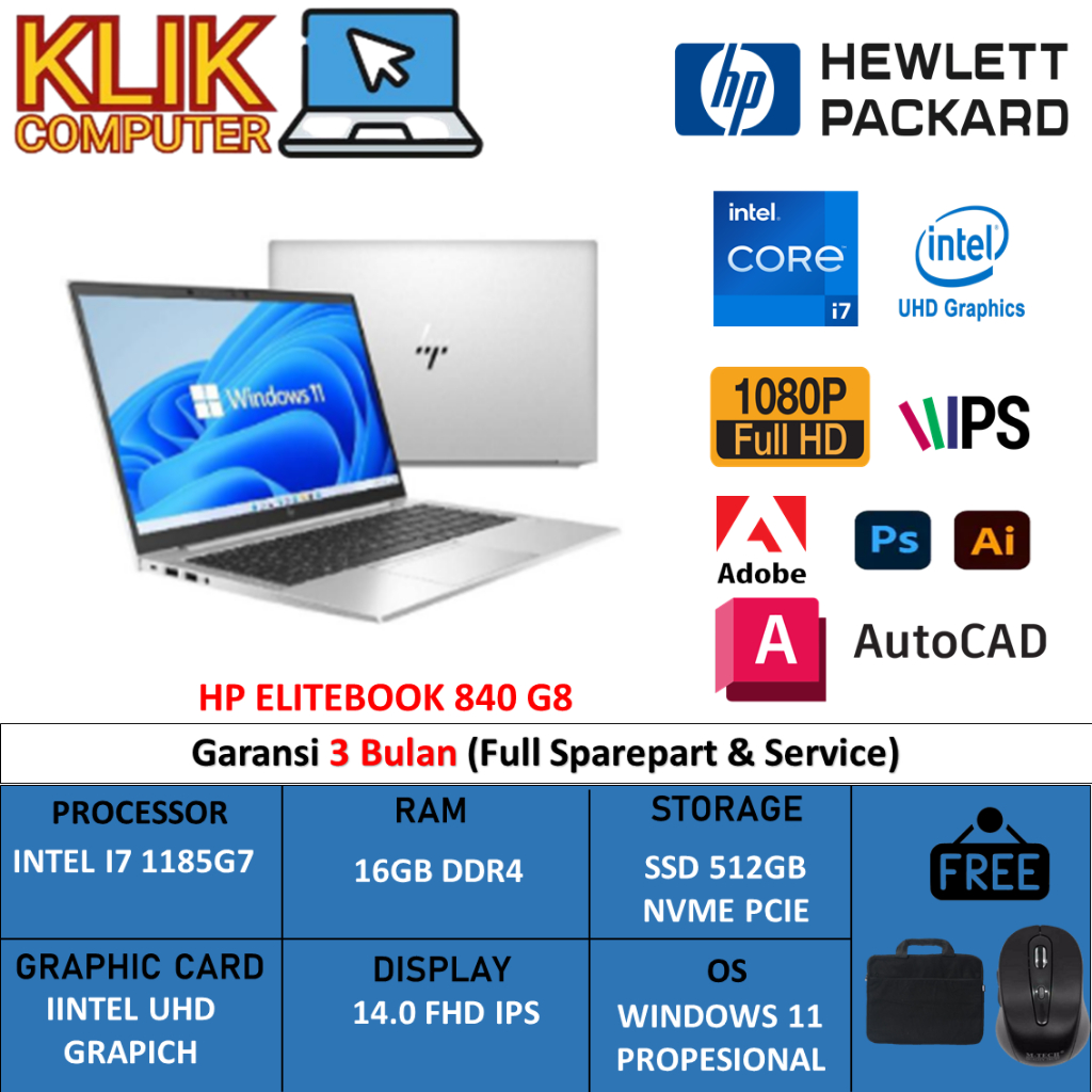 Laptop Hp Elitebook 840 G8 Intel Core i7 Ram 16GB 1TB SSD FHD Windows 11 Office 2024 Silver