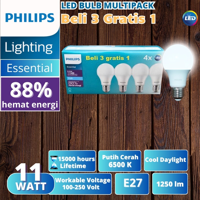 Lampu Philips LED Essential 11W Putih Philips 11 Watt Multipack Paket 3+1 Asli Bergaransi