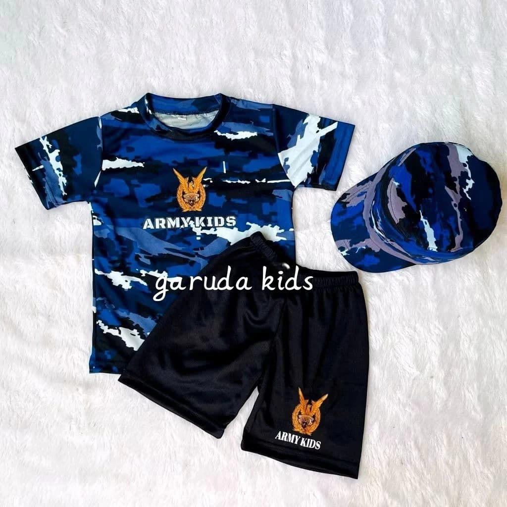 Setelan  Loreng TNI AU Anak Laki-Laki Kaos Pendek + Celana & Topi Gratis
