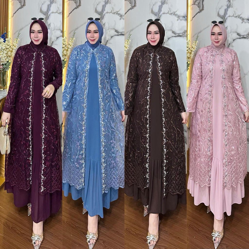 Luna Dress Mix Outer Brukat Gamis Kondangan Terbaru Baju Hamil Wanita Terbaru Gamis Wanita Kekinian 
