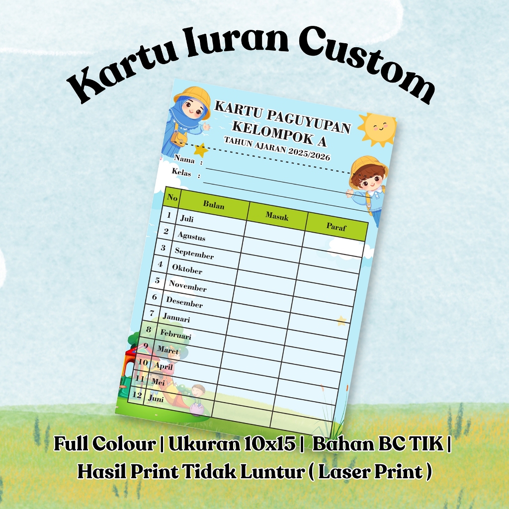 KARTU IURAN CUSTOM SPP RT / SEKOLAH TK / SD / SMP / SMA / lNFAQ / LES BIMBEL /  NGAJI / KELAS / SEKO