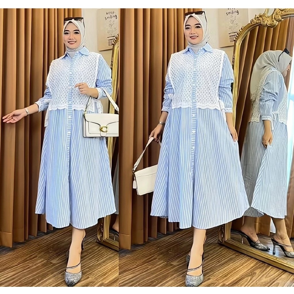 Renata Midi Dress Salur Mix Brukat | Dress Korean Style | Gamis Salur Busui Full Kancing